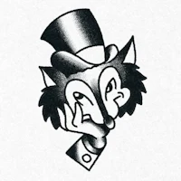 a black and white drawing of a wolf in a top hat