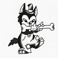 a black and white drawing of a dog holding a bone